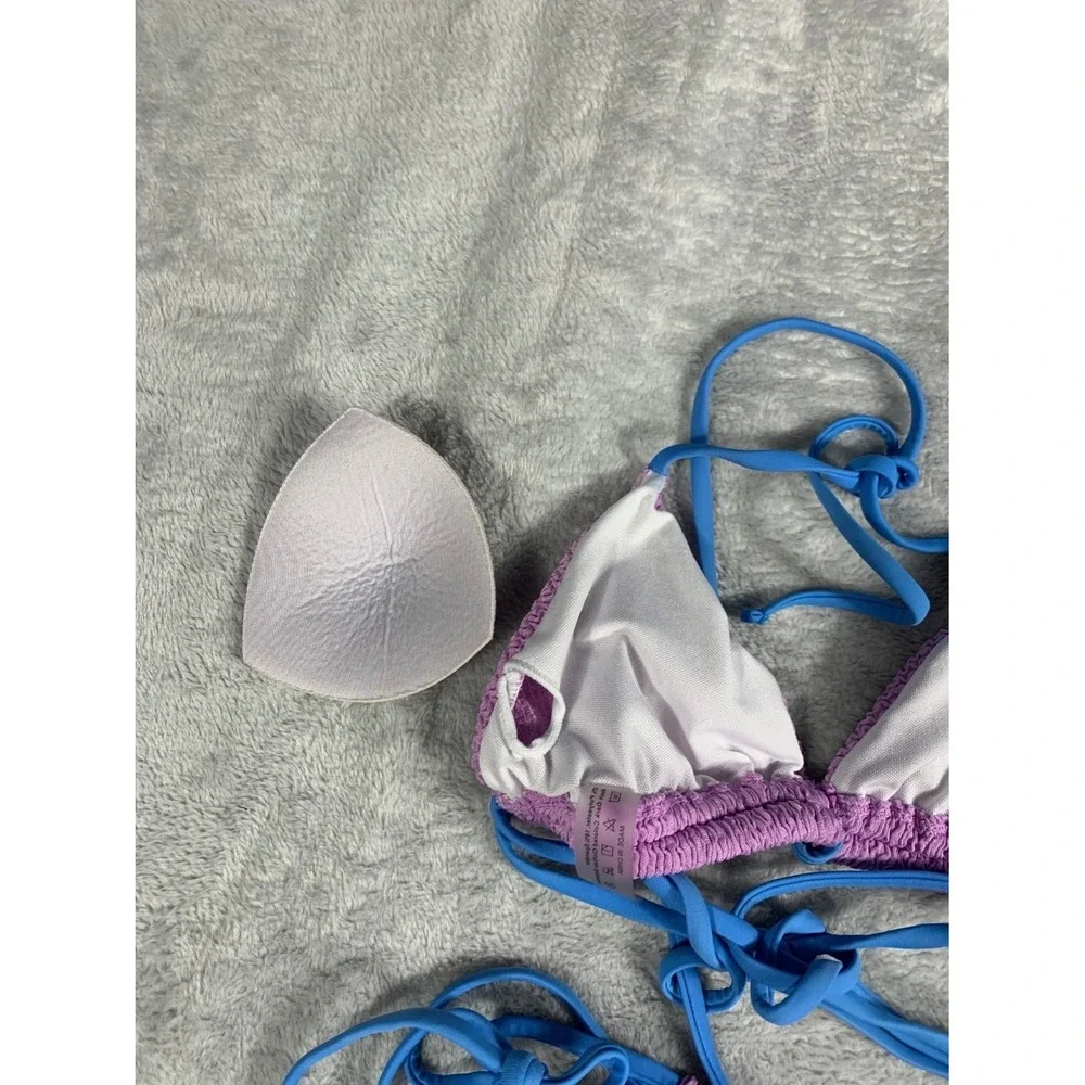Textured Smocked Bikini Set Womens Size S Purple Blue Side Tie 2 Piece Swimsuit